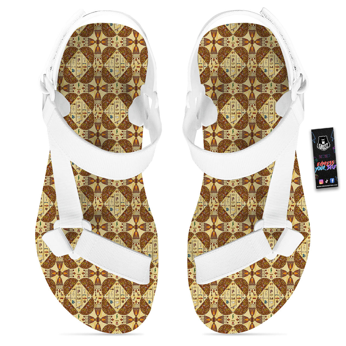 Hieroglyphs Egyptian Print Pattern White Open Toe Sandals-grizzshop