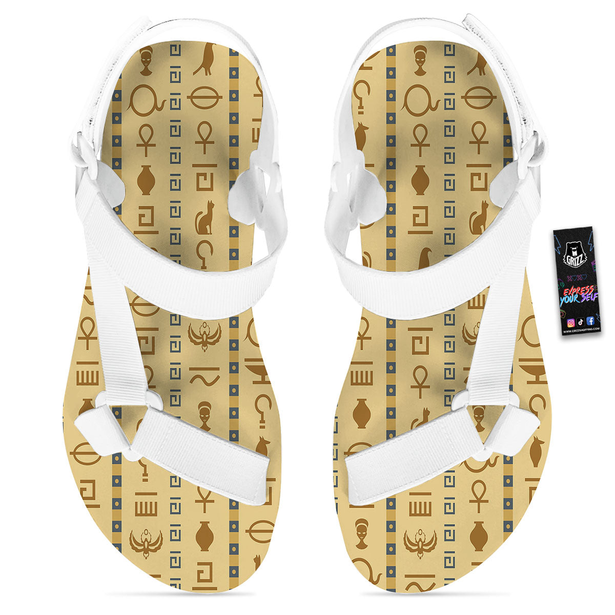 Hieroglyphs Egyptian Print White Open Toe Sandals-grizzshop