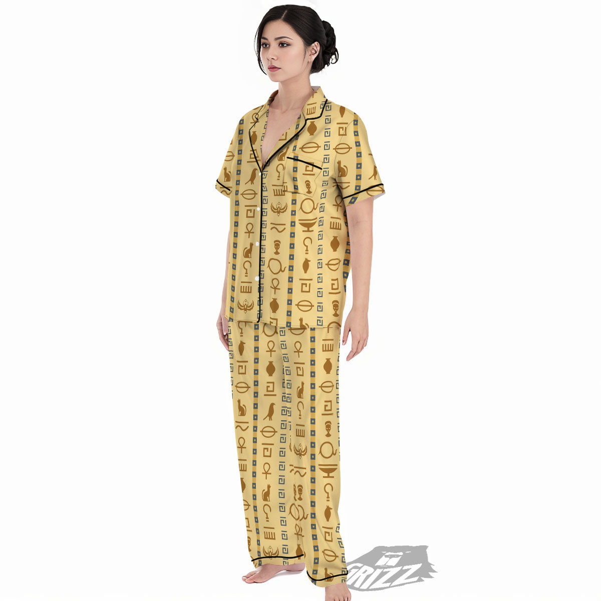 Hieroglyphs Egyptian Print Women's Pajamas Set-grizzshop