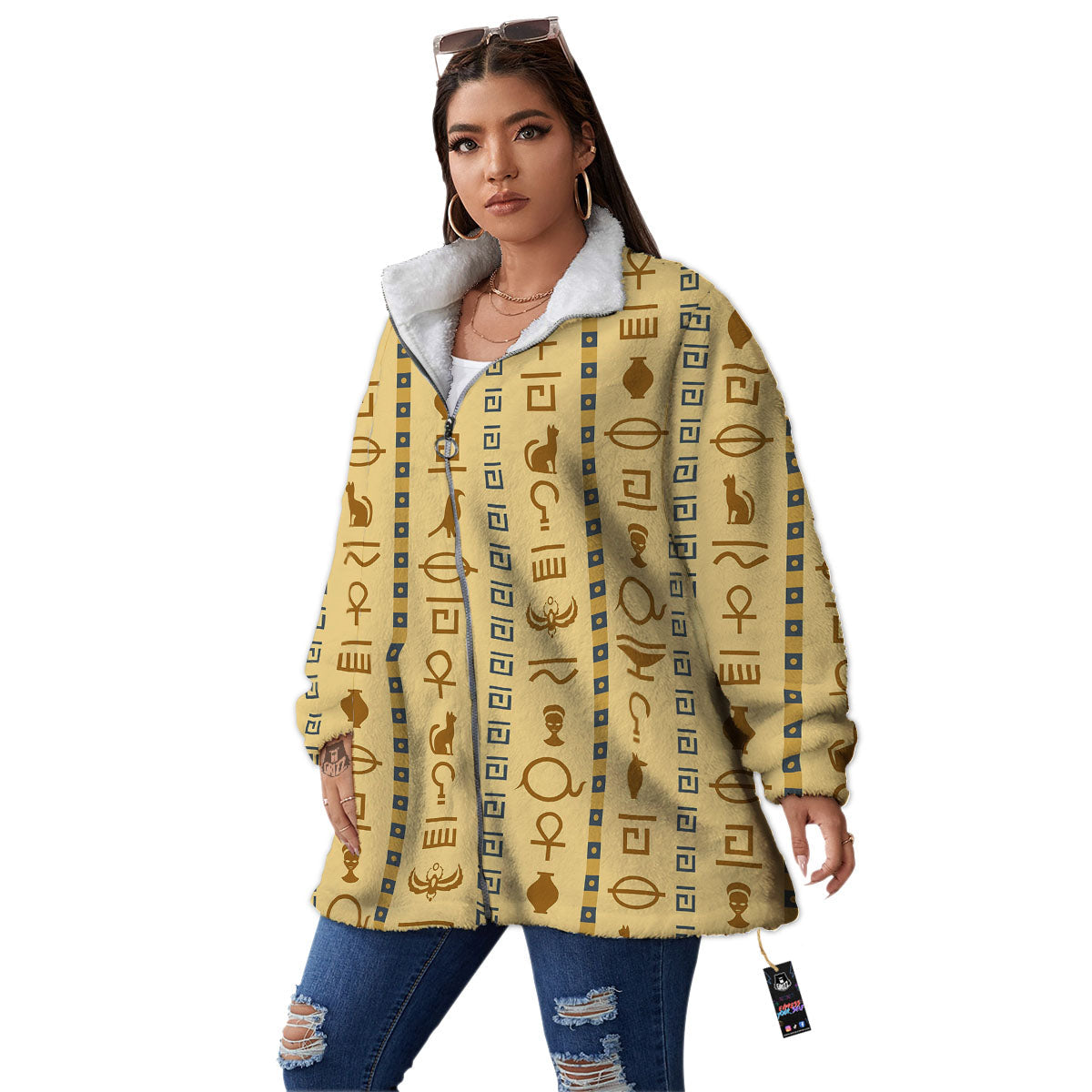 Hieroglyphs Egyptian Print Women's Sherpa Jacket-grizzshop