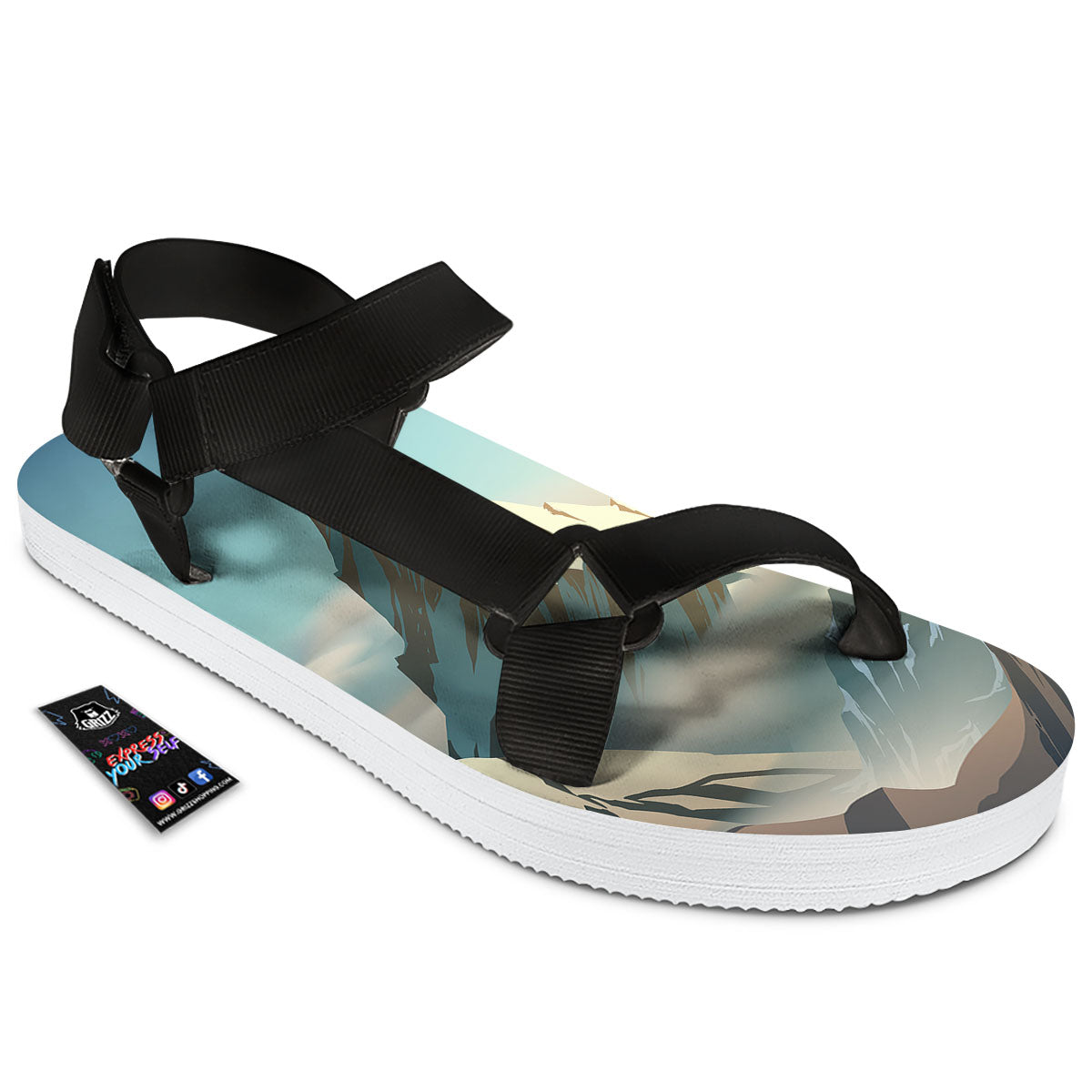 High Mountain Print Black Open Toe Sandals-grizzshop