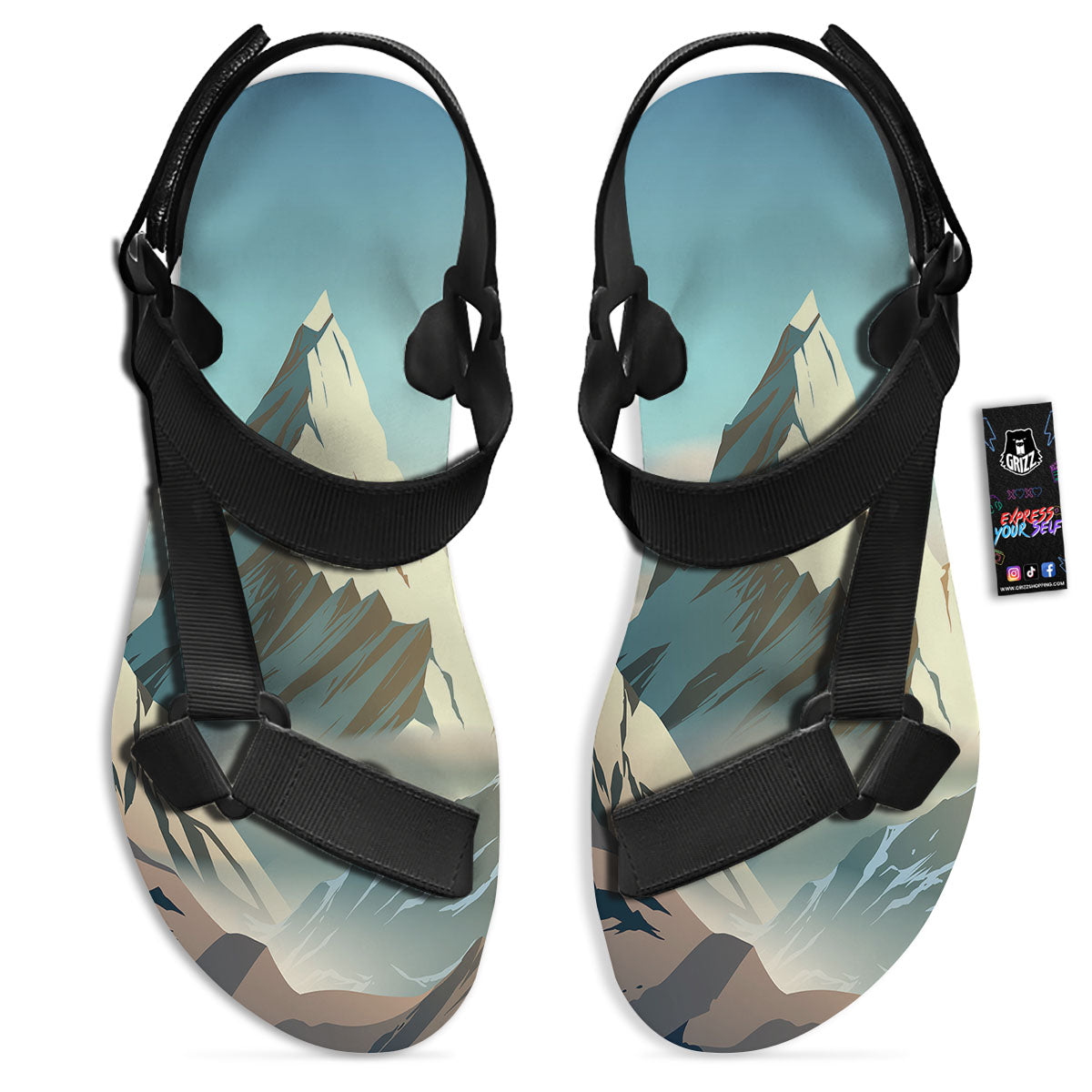 High Mountain Print Black Open Toe Sandals-grizzshop
