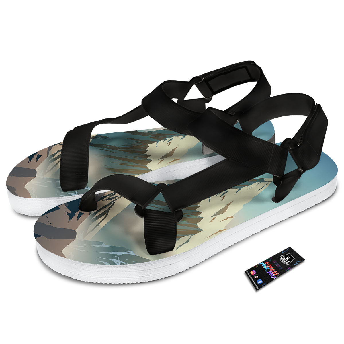 High Mountain Print Black Open Toe Sandals-grizzshop