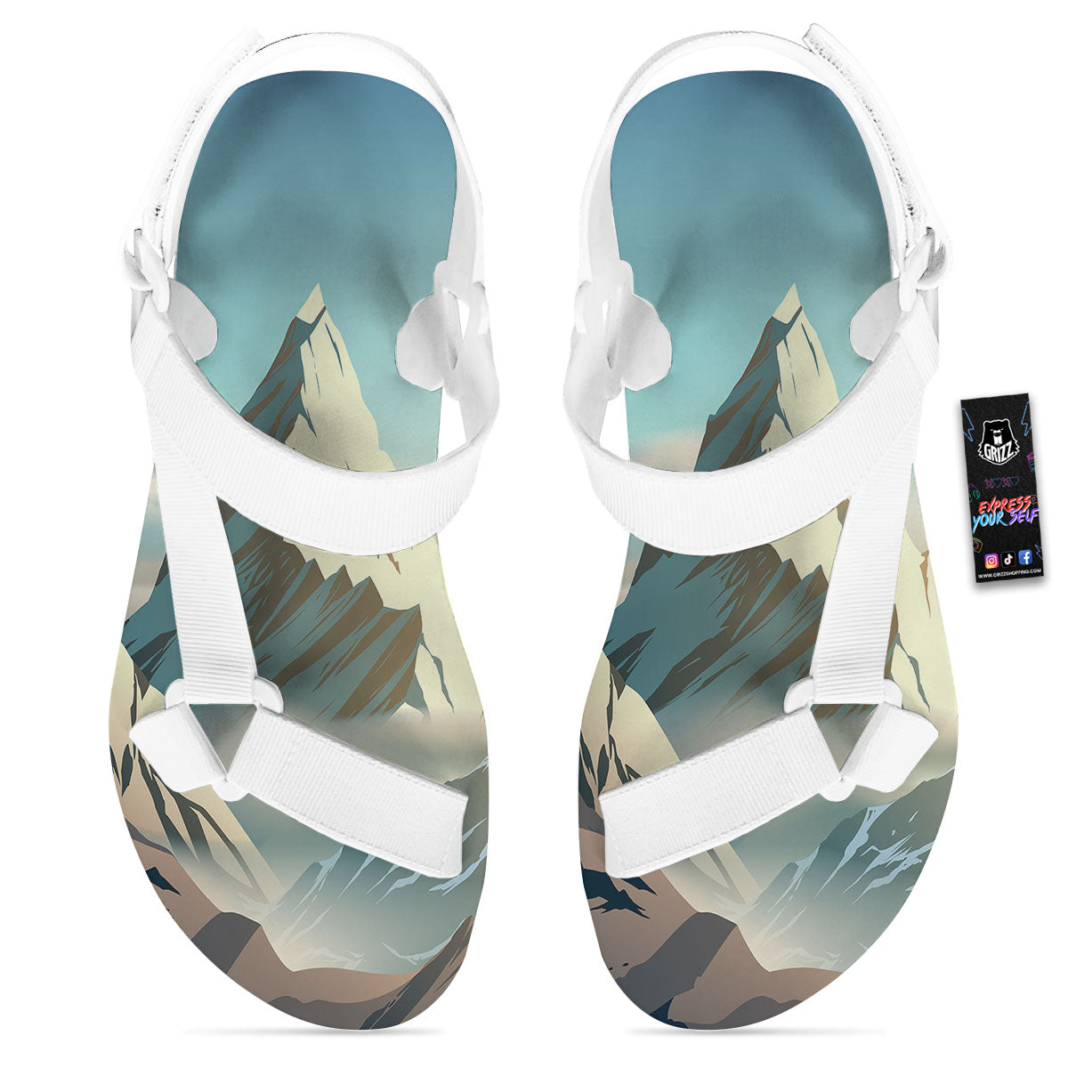 High Mountain Print White Open Toe Sandals-grizzshop