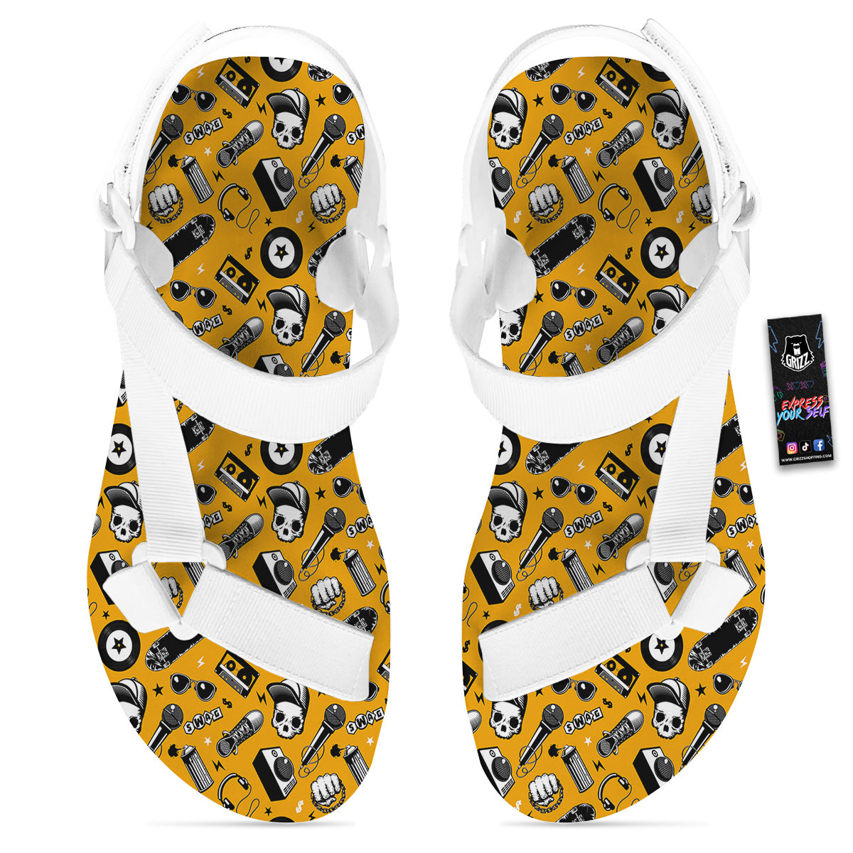 Hip Hop Equipment Print Pattern White Open Toe Sandals-grizzshop