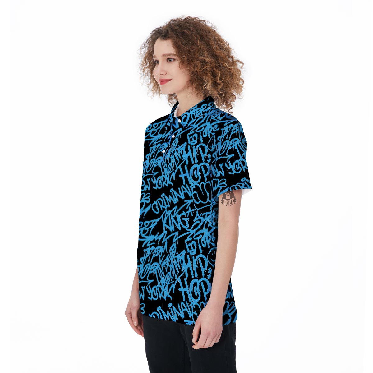 Hiphop Graffiti Blue Text Print Women's Golf Shirts-grizzshop
