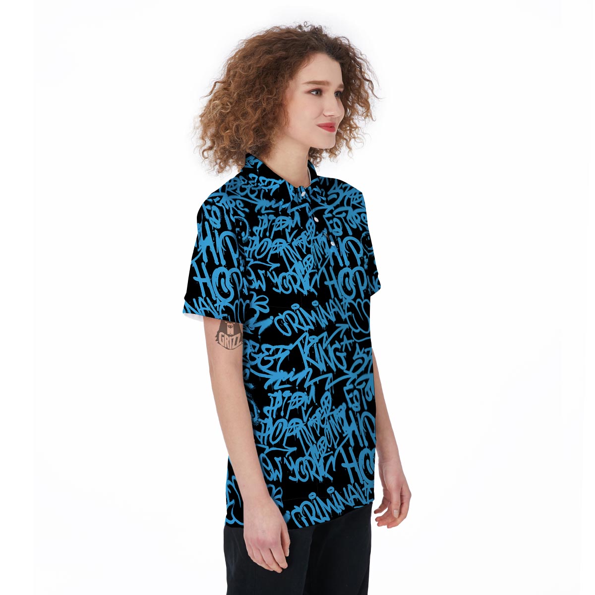 Hiphop Graffiti Blue Text Print Women's Golf Shirts-grizzshop