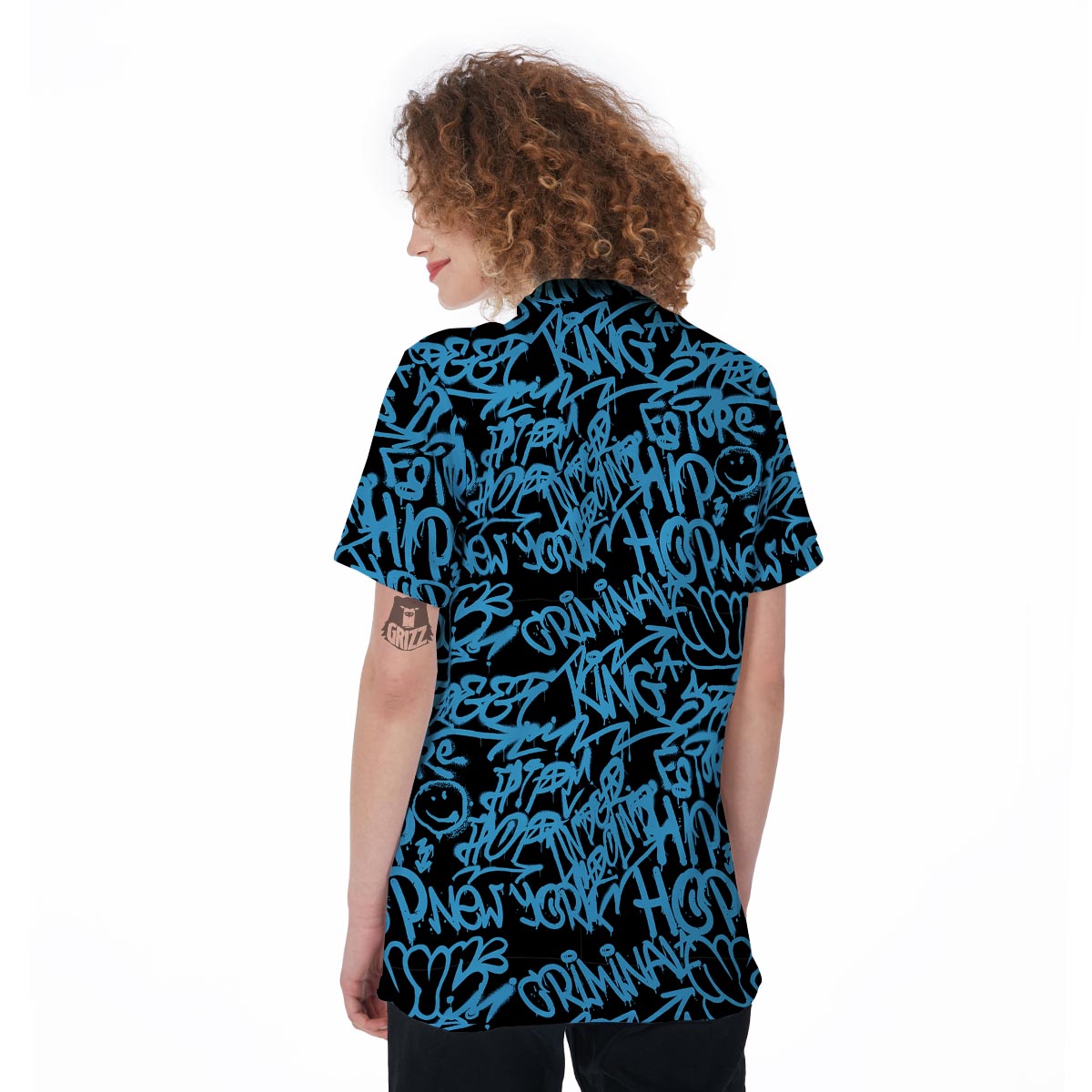 Hiphop Graffiti Blue Text Print Women's Golf Shirts-grizzshop