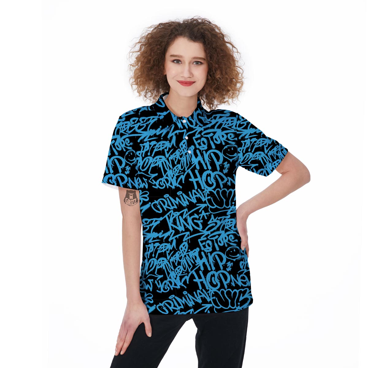 Hiphop Graffiti Blue Text Print Women's Golf Shirts-grizzshop