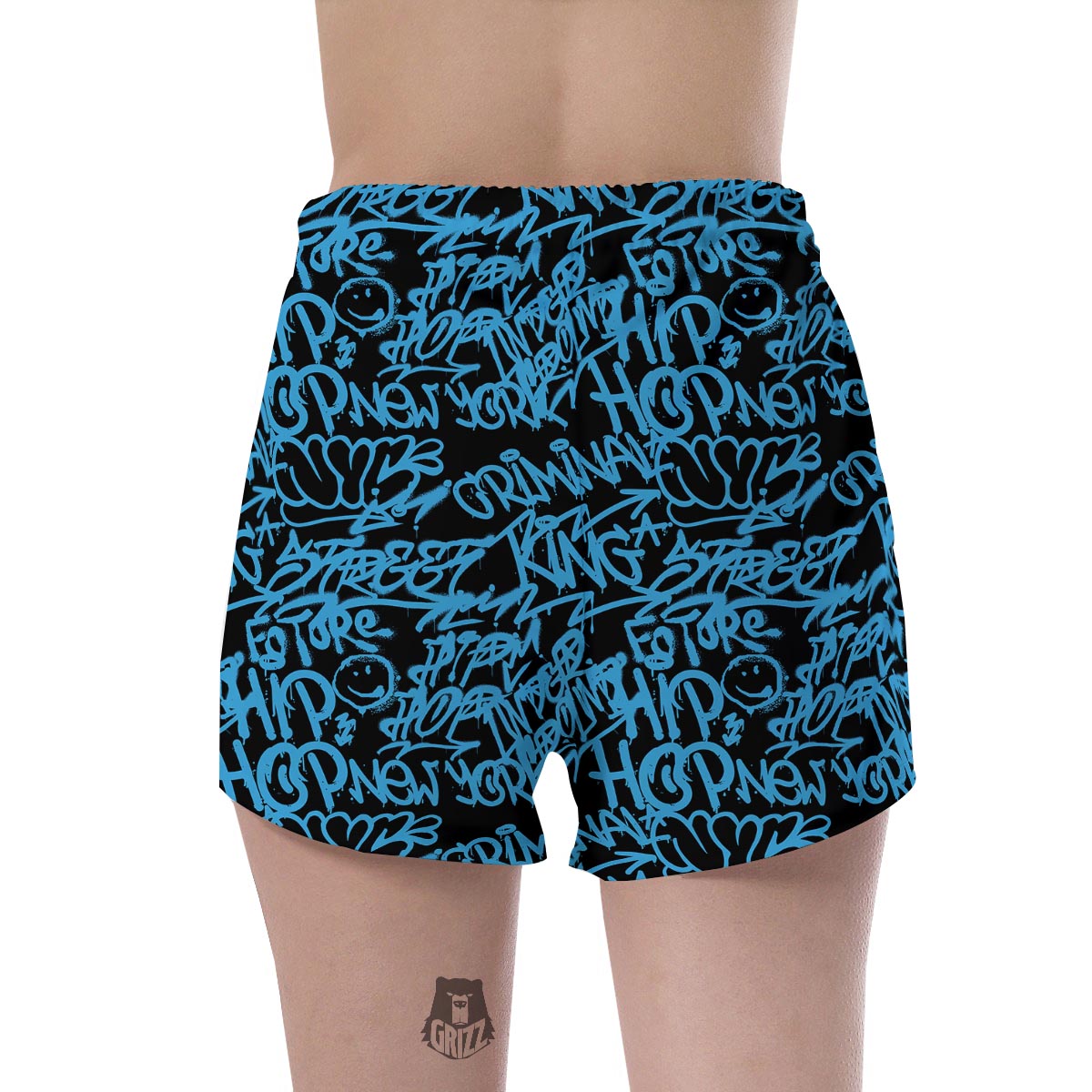 Hiphop Graffiti Blue Text Print Women's Shorts-grizzshop