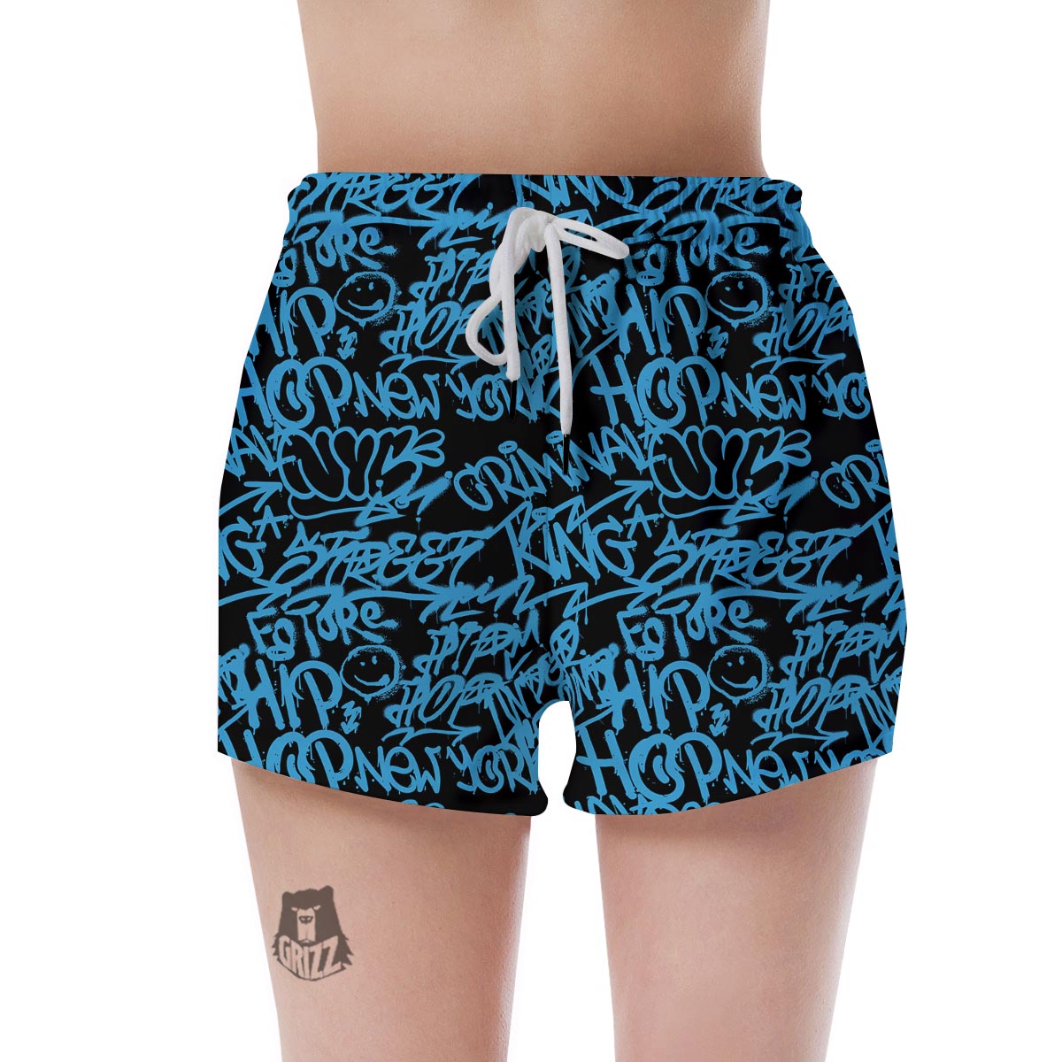 Hiphop Graffiti Blue Text Print Women's Shorts-grizzshop