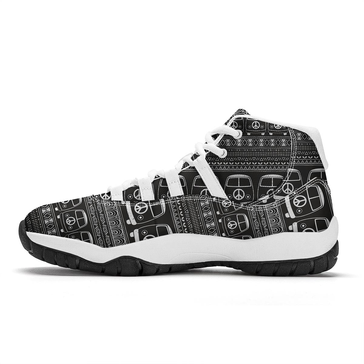 Hippie Aztec Van Peace Sign Pattern Print White Bball Shoes-grizzshop