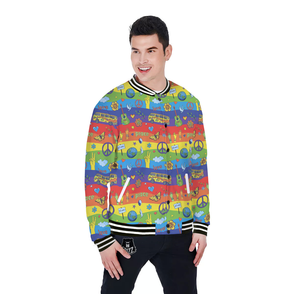 Hippie Drawing Psychedelic Wave Print Pattern Baseball Jacket-grizzshop