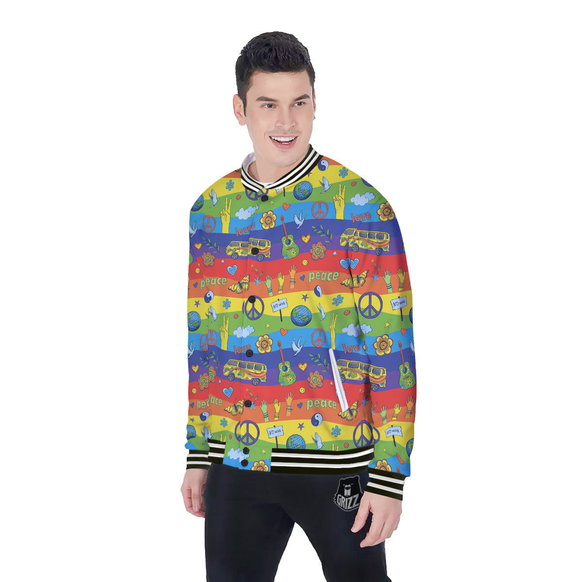 Hippie Drawing Psychedelic Wave Print Pattern Baseball Jacket-grizzshop