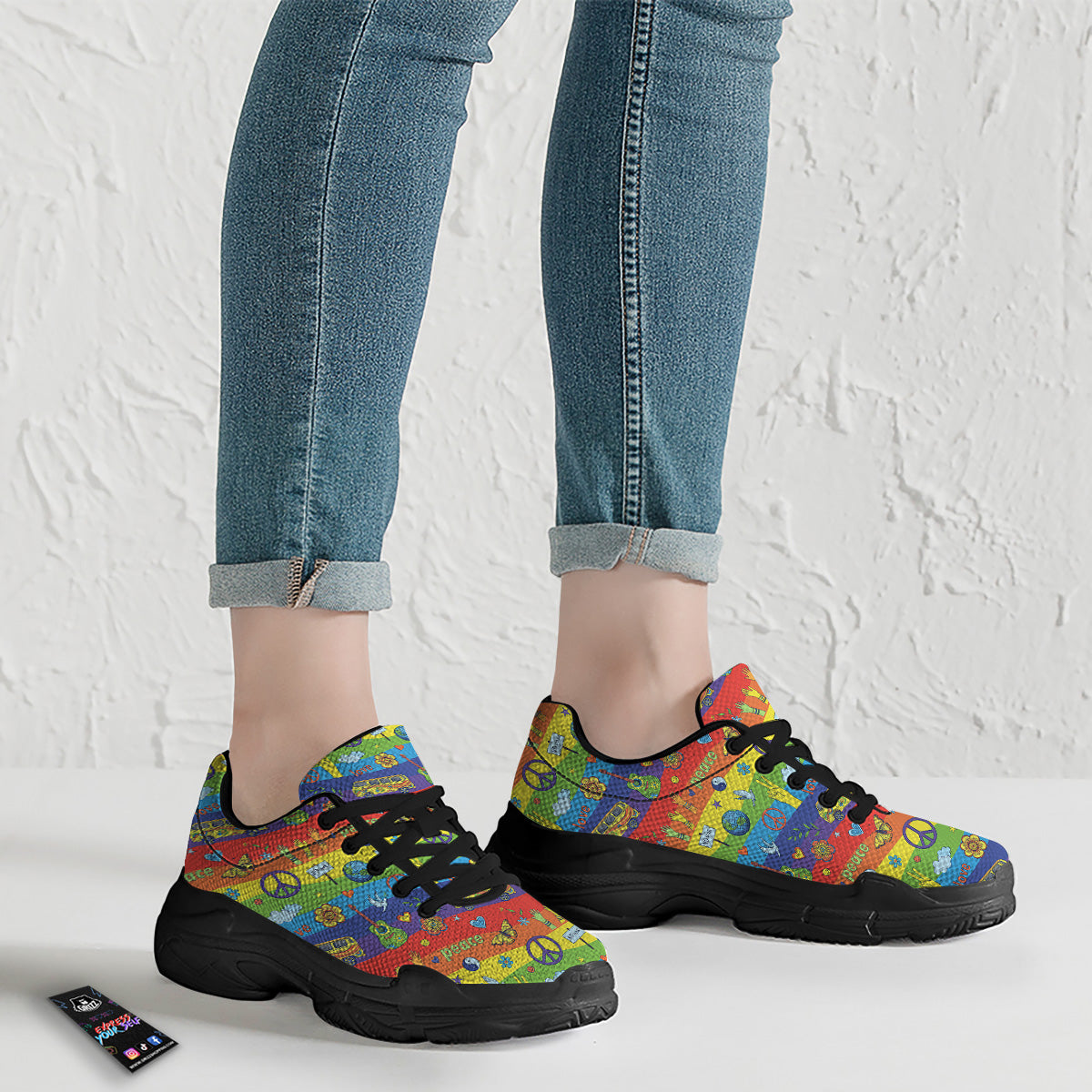 Hippie Drawing Psychedelic Wave Print Pattern Black Chunky Shoes-grizzshop