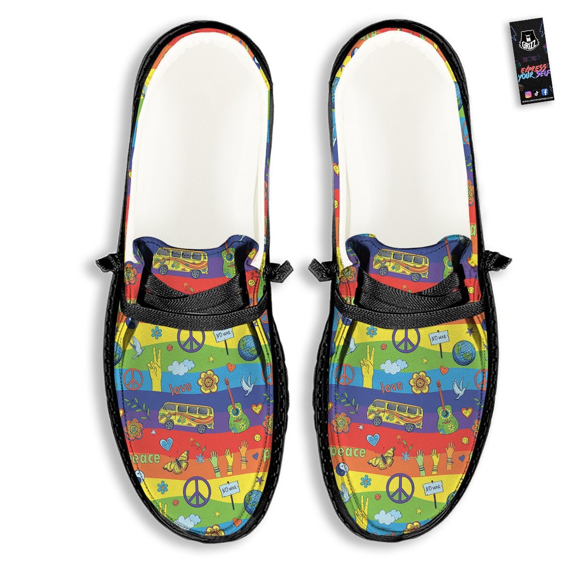 Hippie Drawing Psychedelic Wave Print Pattern Black Loafers-grizzshop