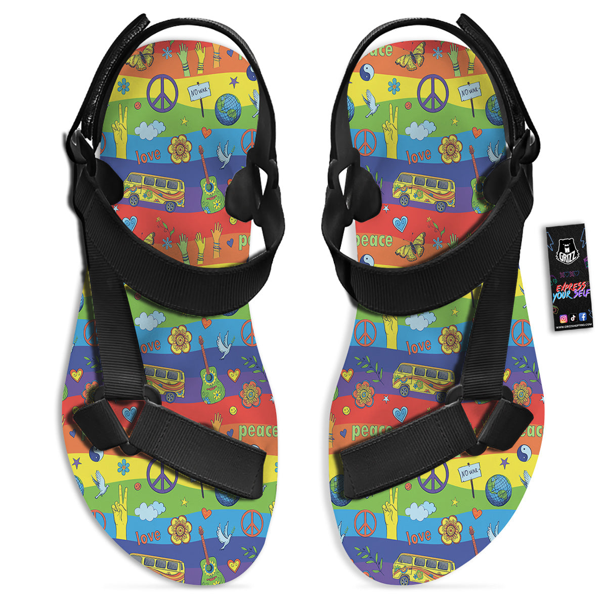 Hippie Drawing Psychedelic Wave Print Pattern Black Open Toe Sandals-grizzshop