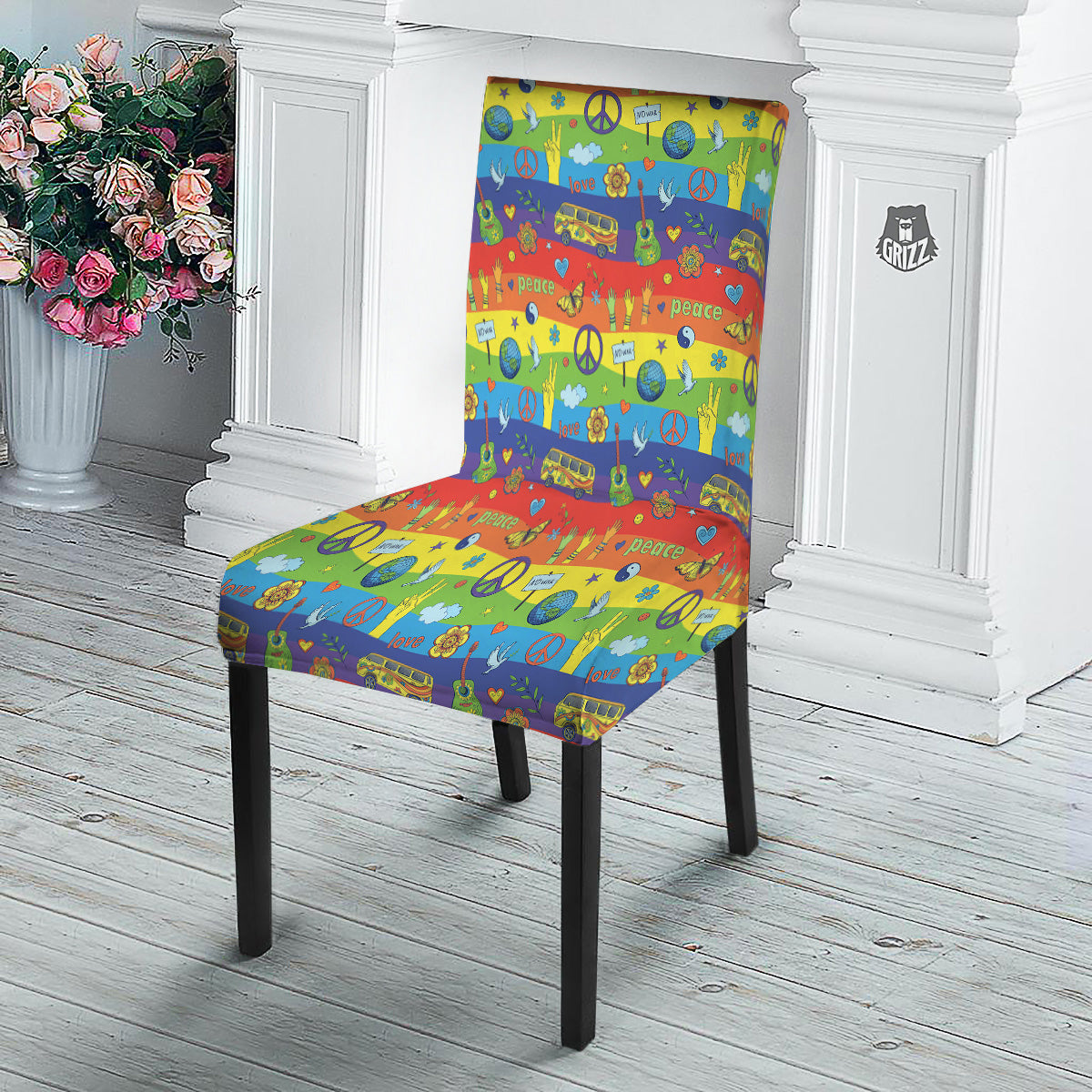 Hippie Drawing Psychedelic Wave Print Pattern Dining Chair Slipcover-grizzshop