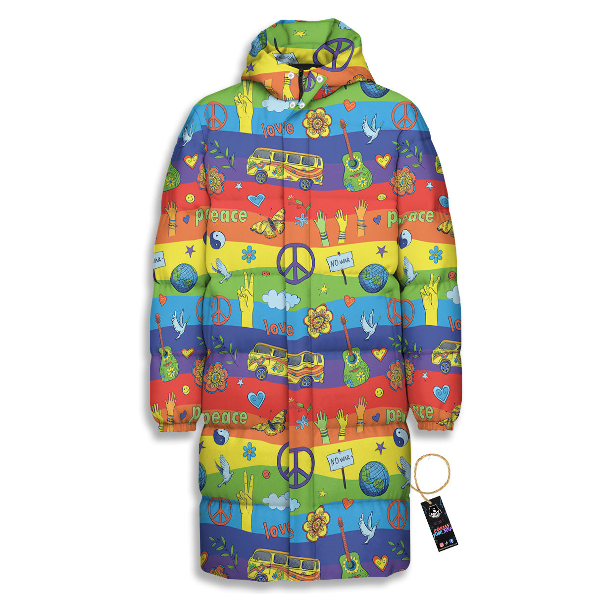 Hippie Drawing Psychedelic Wave Print Pattern Long Down Jacket-grizzshop