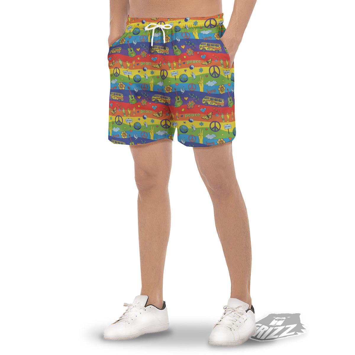 Hippie Drawing Psychedelic Wave Print Pattern Men's Gym Shorts-grizzshop