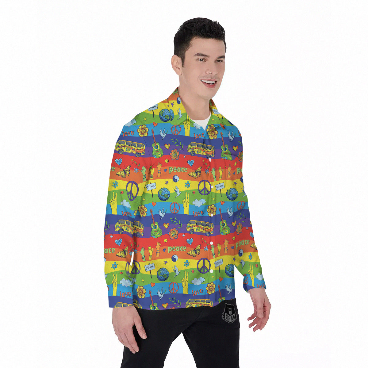 Hippie Drawing Psychedelic Wave Print Pattern Men's Long Sleeve Shirts-grizzshop