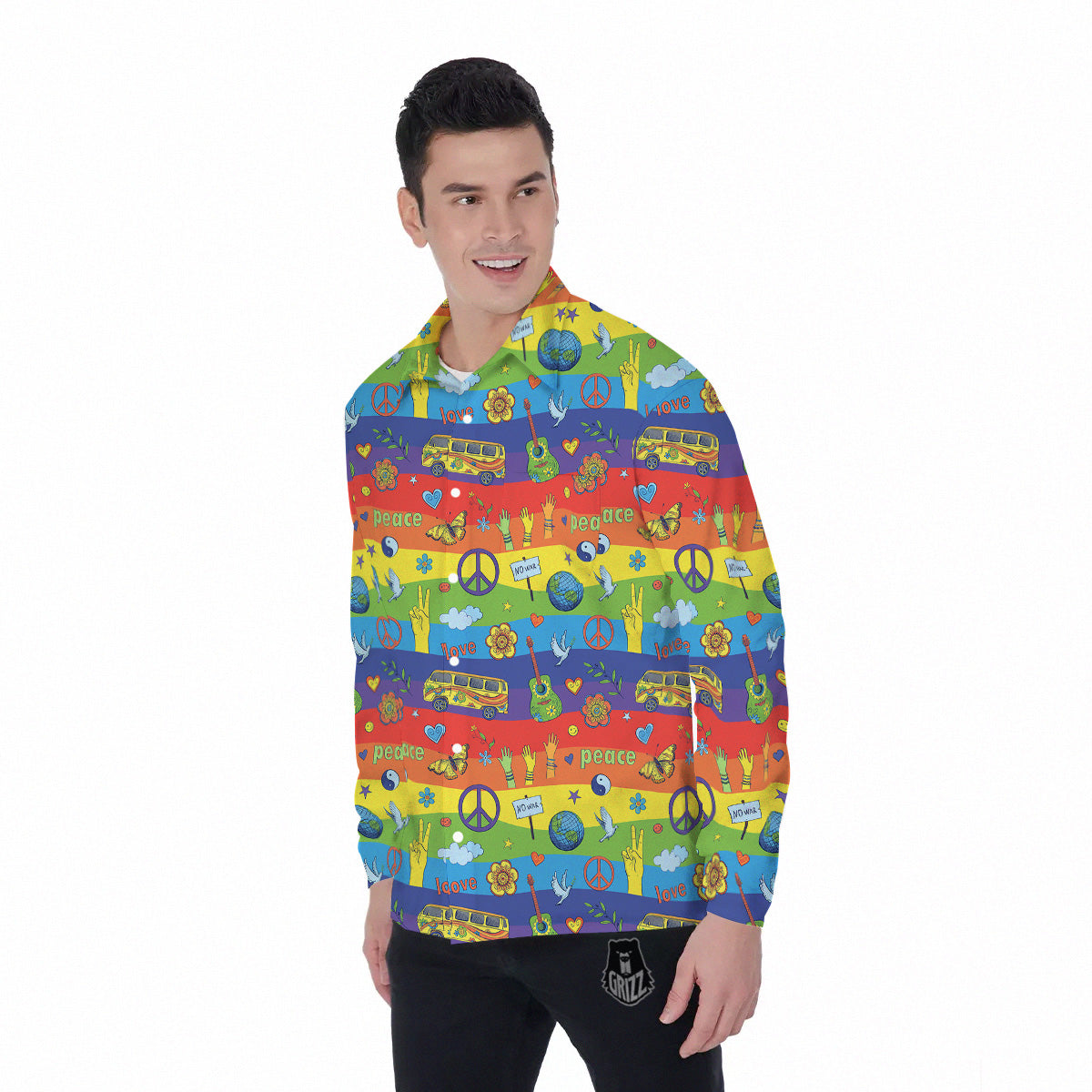 Hippie Drawing Psychedelic Wave Print Pattern Men's Long Sleeve Shirts-grizzshop