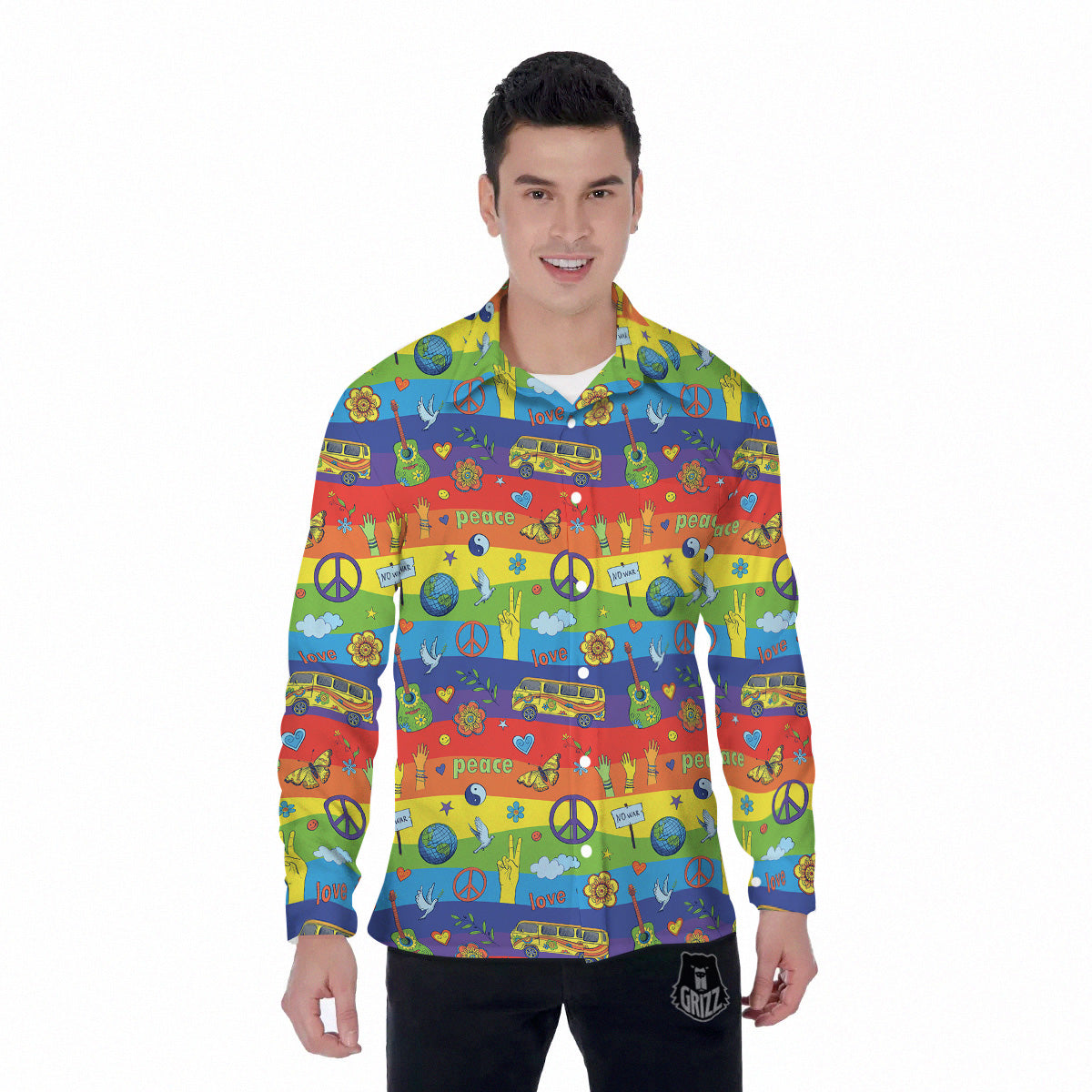 Hippie Drawing Psychedelic Wave Print Pattern Men's Long Sleeve Shirts-grizzshop