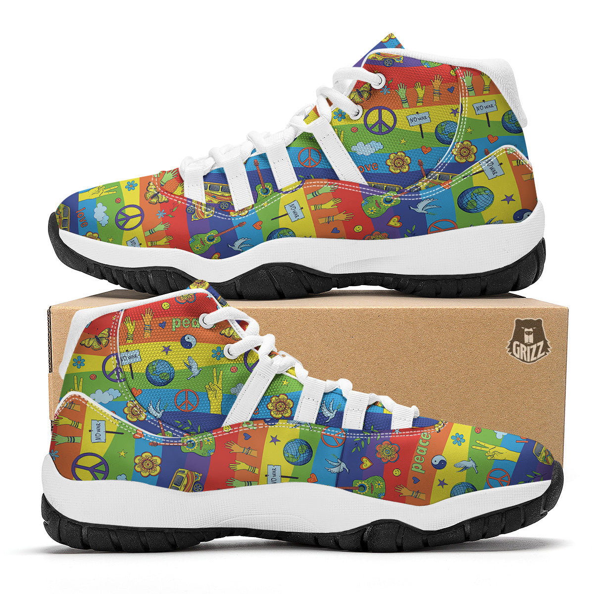 Hippie Drawing Psychedelic Wave Print Pattern White Bball Shoes-grizzshop