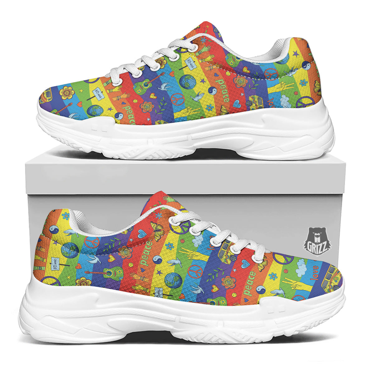 Hippie Drawing Psychedelic Wave Print Pattern White Chunky Shoes-grizzshop