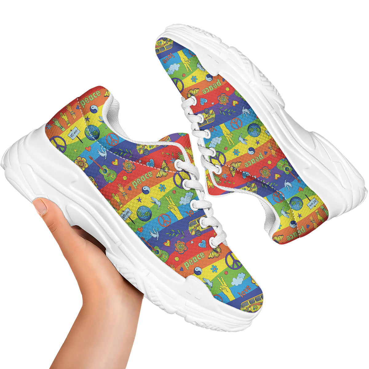 Hippie Drawing Psychedelic Wave Print Pattern White Chunky Shoes-grizzshop