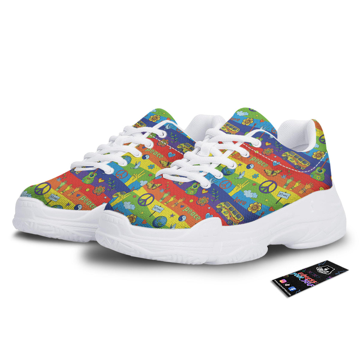 Hippie Drawing Psychedelic Wave Print Pattern White Chunky Shoes-grizzshop