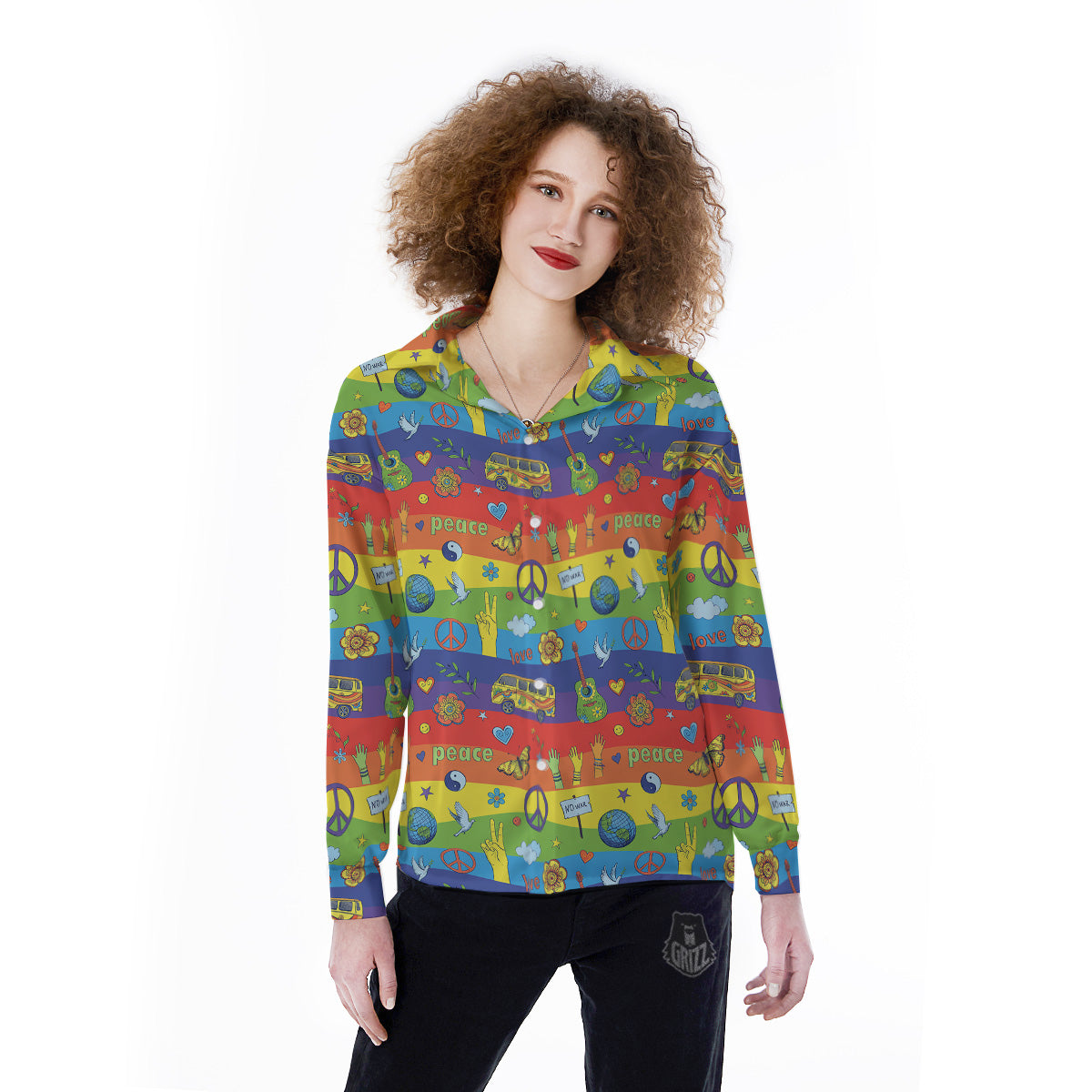 Hippie Drawing Psychedelic Wave Print Pattern Women's Long Sleeve Shirts-grizzshop