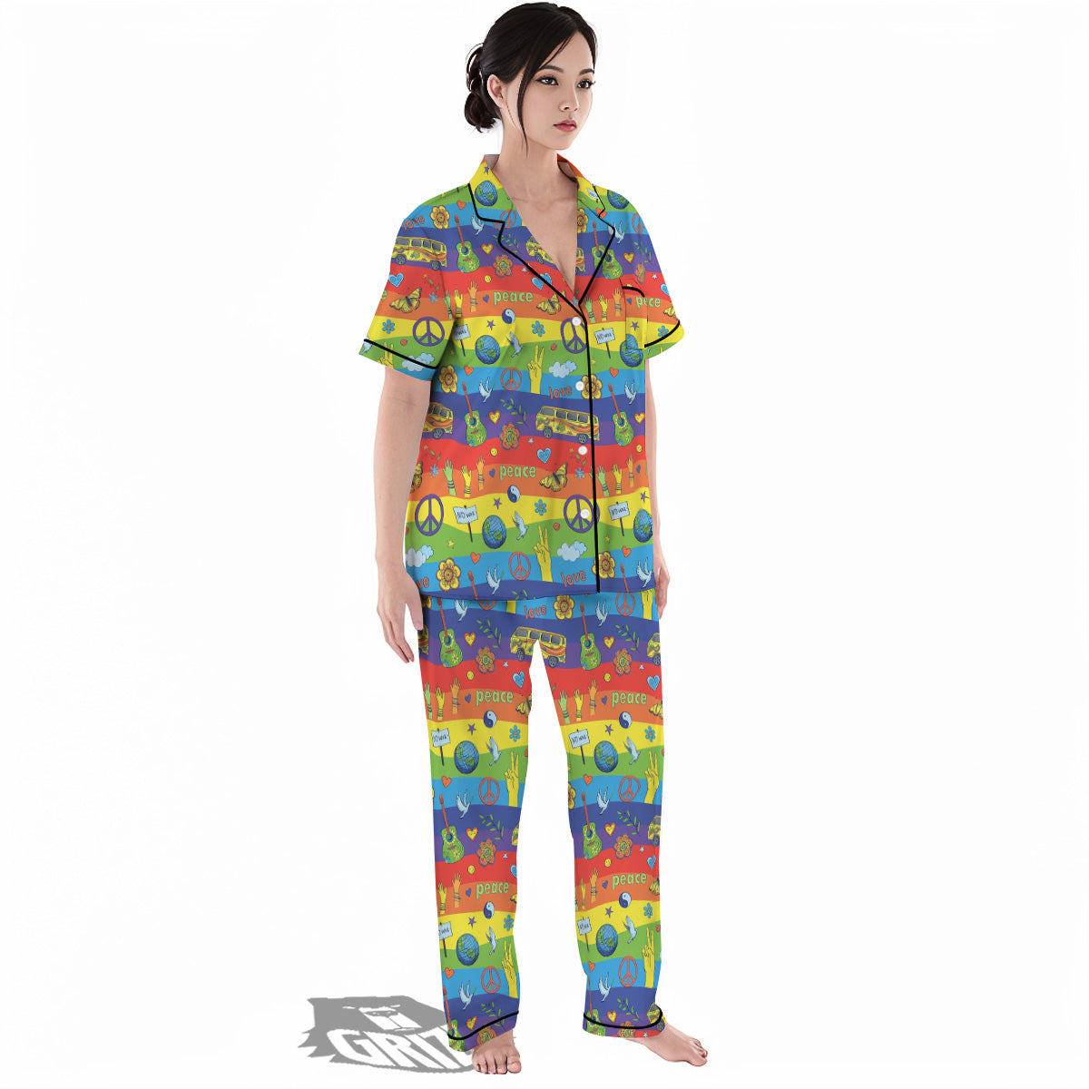 Hippie Drawing Psychedelic Wave Print Pattern Women's Pajamas Set-grizzshop