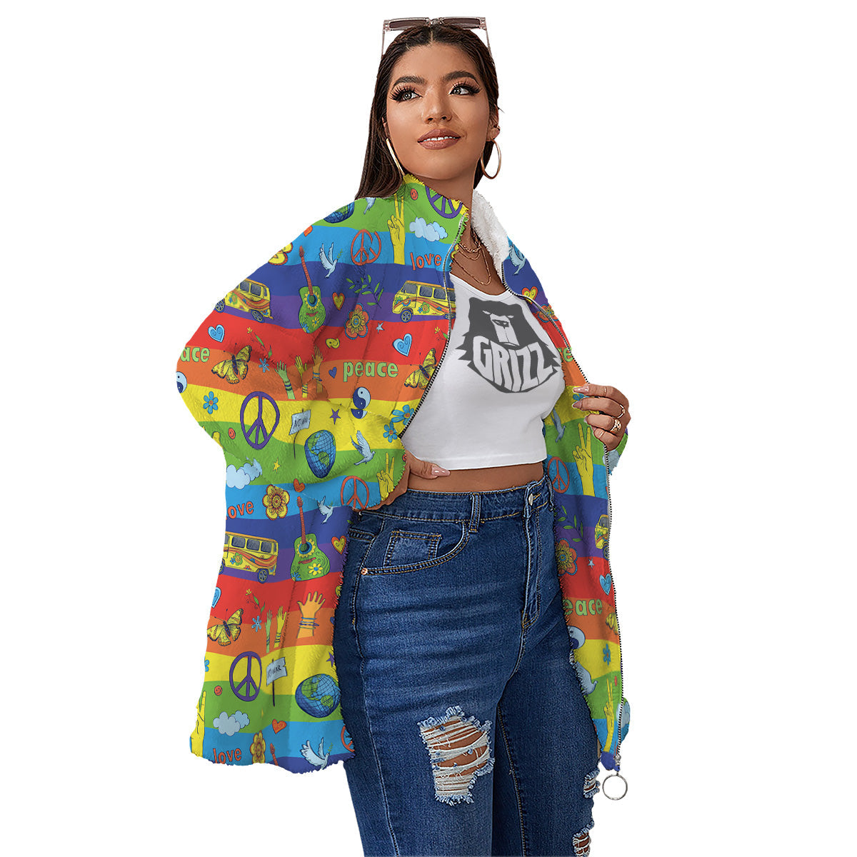 Hippie Drawing Psychedelic Wave Print Pattern Women's Sherpa Jacket-grizzshop