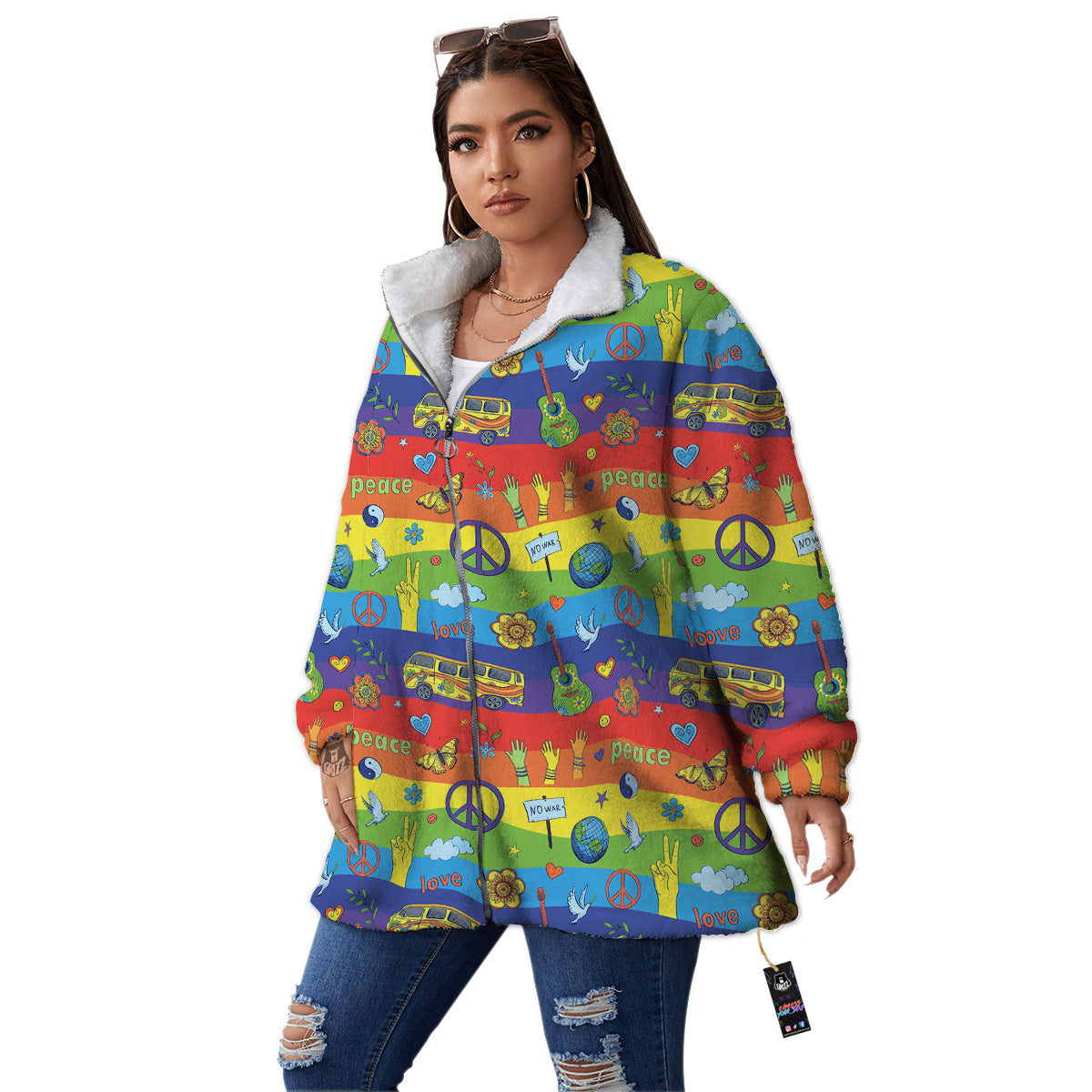 Hippie Drawing Psychedelic Wave Print Pattern Women's Sherpa Jacket-grizzshop