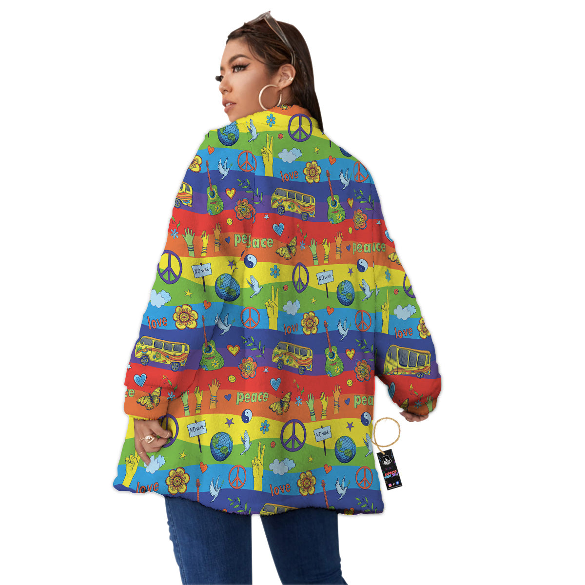 Hippie Drawing Psychedelic Wave Print Pattern Women's Sherpa Jacket-grizzshop