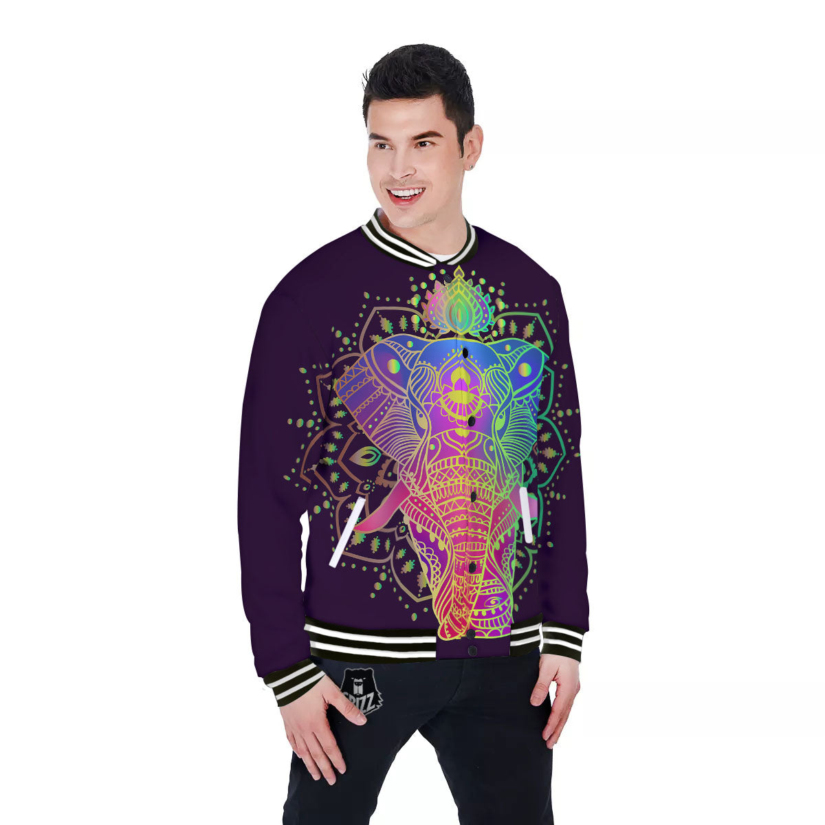 Hippie Elephant Indian Boho Print Baseball Jacket-grizzshop