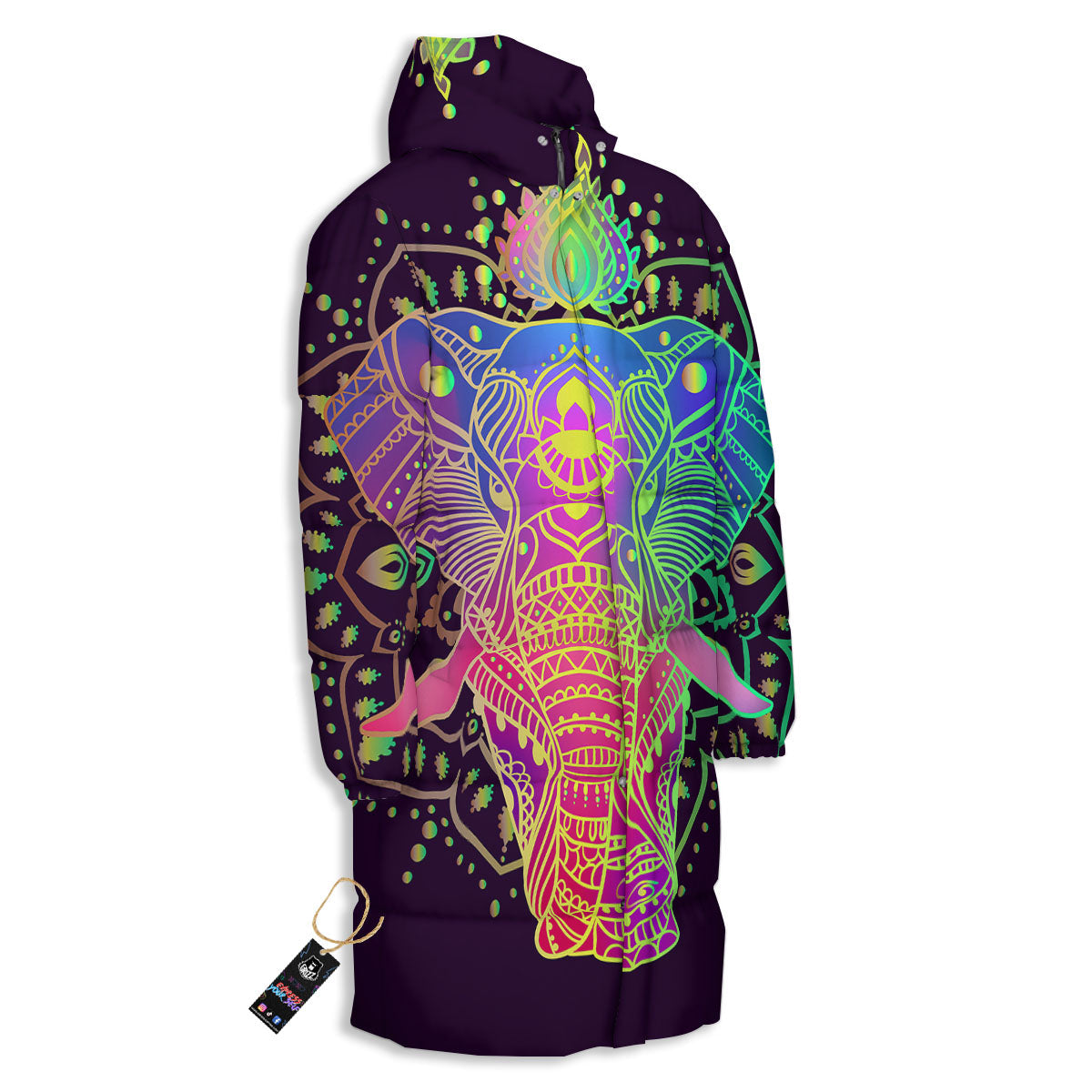 Hippie Elephant Indian Boho Print Long Down Jacket-grizzshop