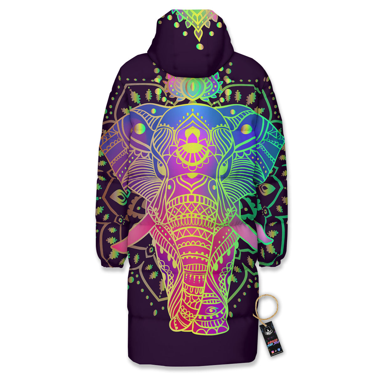 Hippie Elephant Indian Boho Print Long Down Jacket-grizzshop