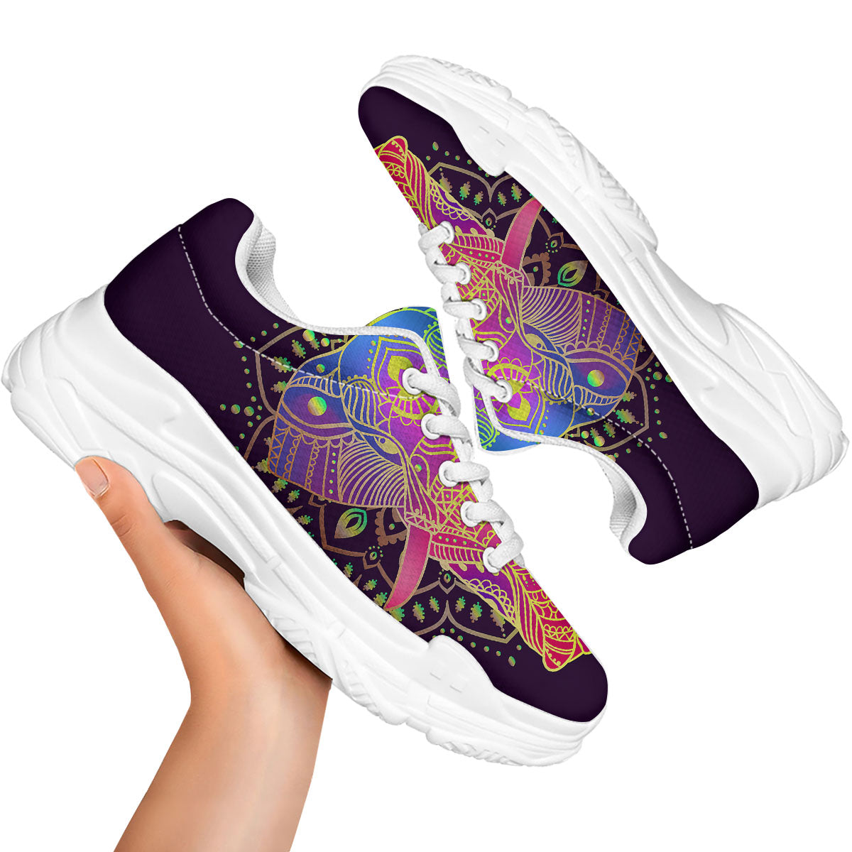 Hippie Elephant Indian Boho Print White Chunky Shoes-grizzshop