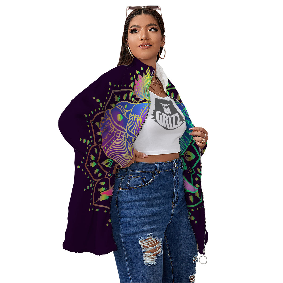 Hippie Elephant Indian Boho Print Women's Sherpa Jacket-grizzshop