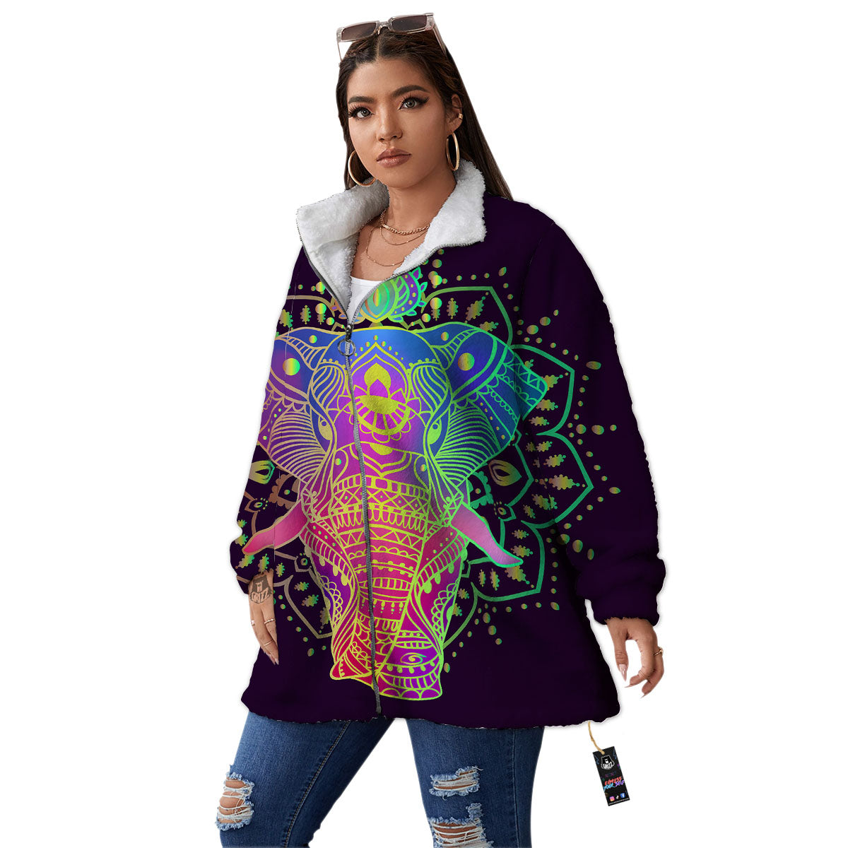 Hippie Elephant Indian Boho Print Women's Sherpa Jacket-grizzshop