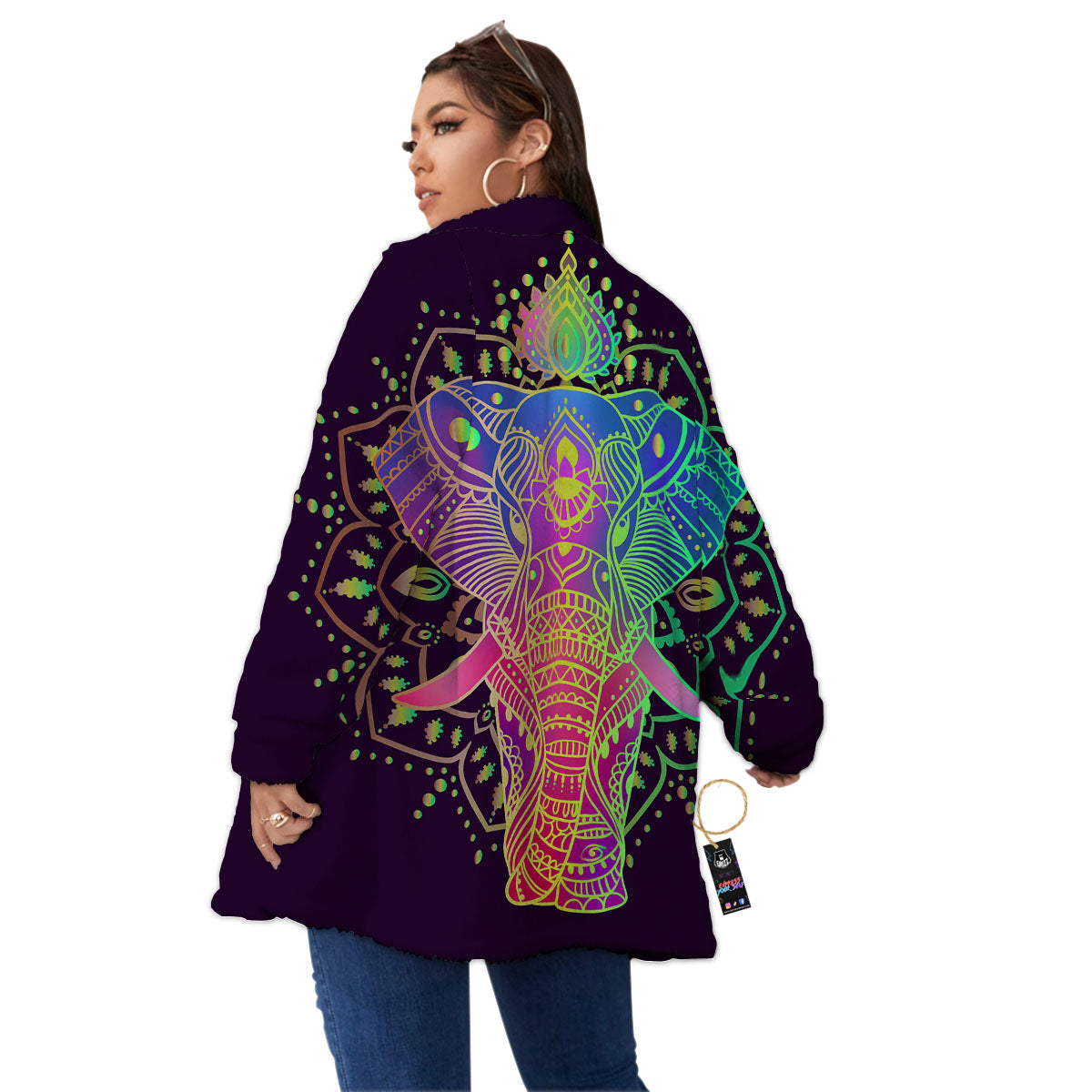 Hippie Elephant Indian Boho Print Women's Sherpa Jacket-grizzshop