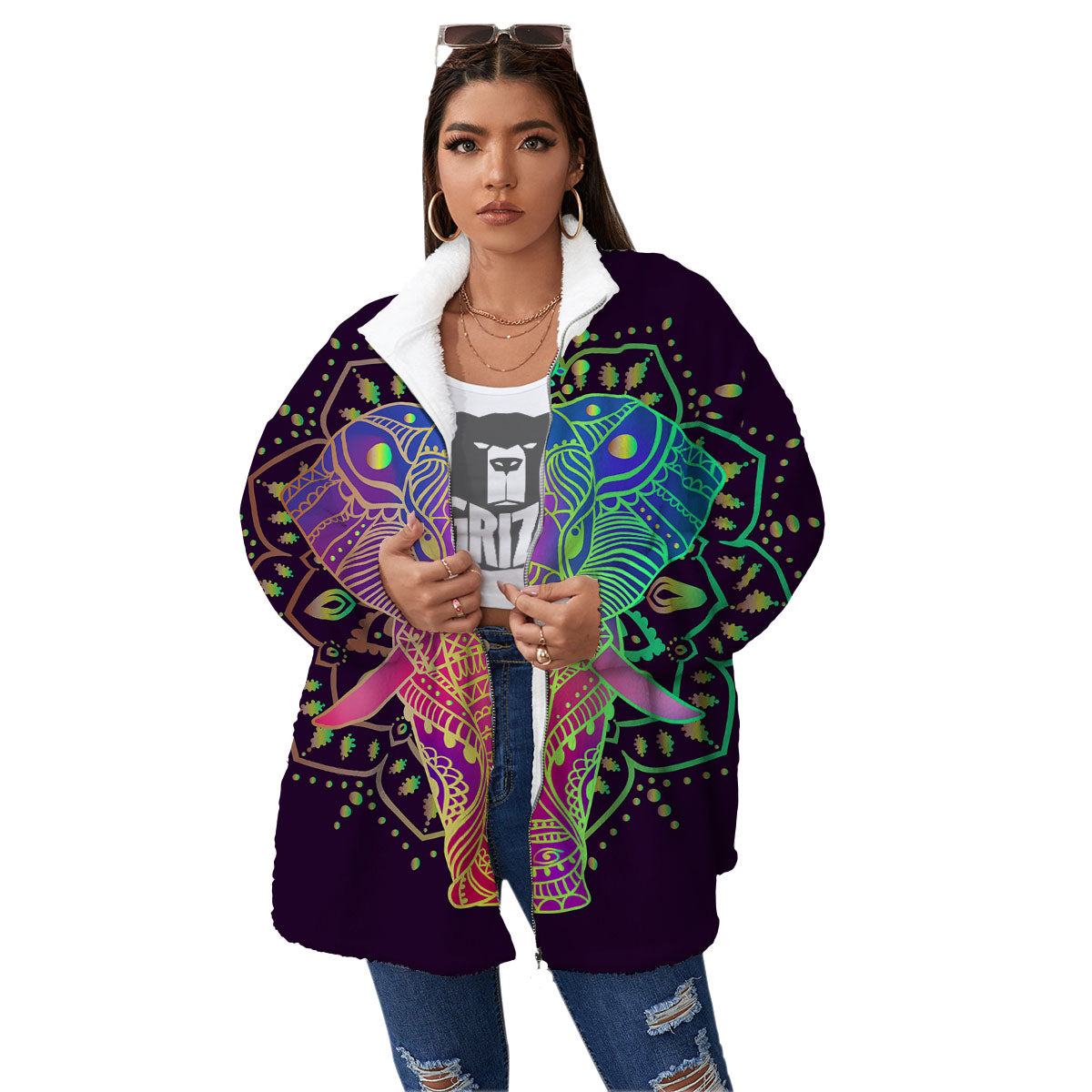 Hippie Elephant Indian Boho Print Women's Sherpa Jacket-grizzshop