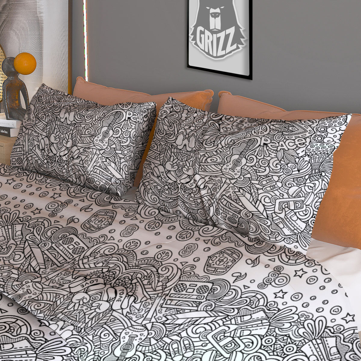 Hippie Graffiti Monochrome Print Pattern Duvet Cover Bedding Set