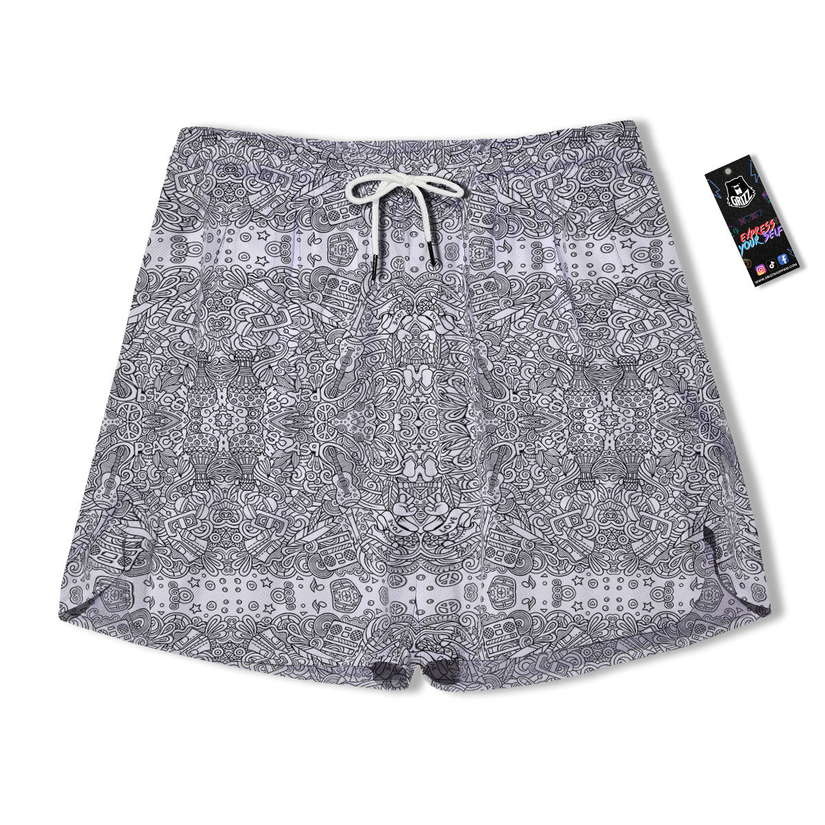 Hippie Graffiti Monochrome Print Pattern Men's Running Shorts-grizzshop