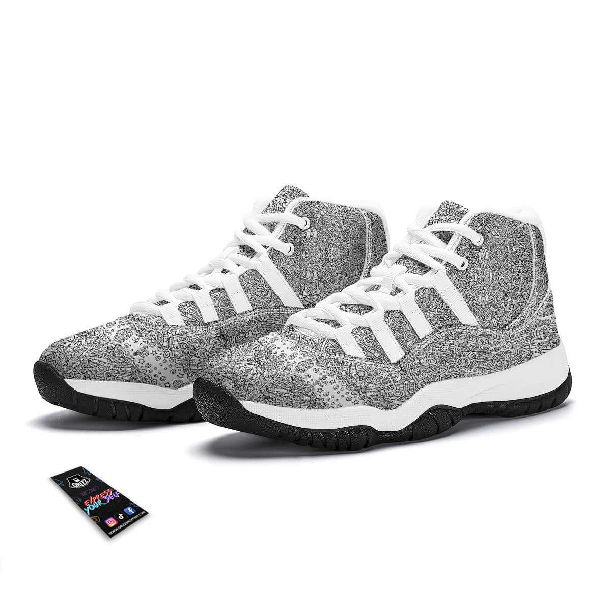 Hippie Graffiti Monochrome Print Pattern White Bball Shoes-grizzshop