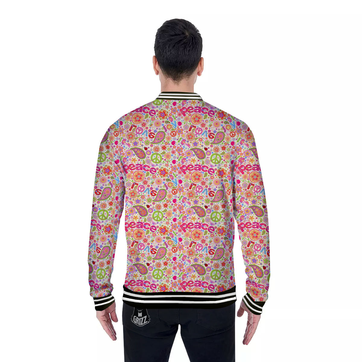 Hippie Peace Groovy Print Pattern Baseball Jacket-grizzshop