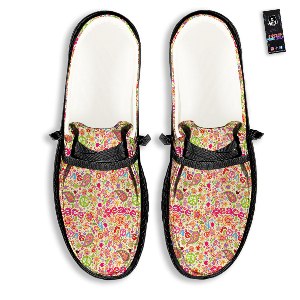 Hippie Peace Groovy Print Pattern Black Loafers-grizzshop