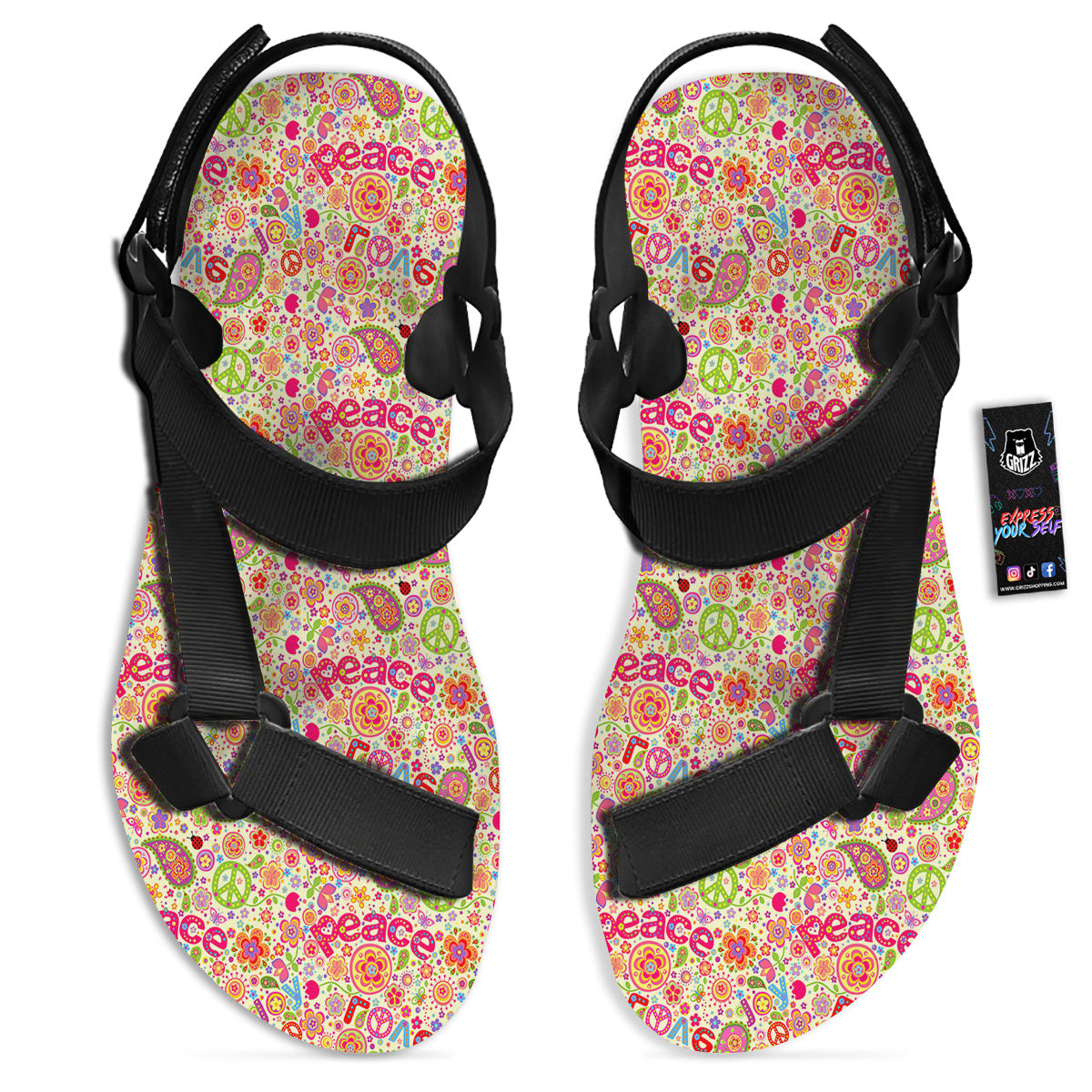 Hippie Peace Groovy Print Pattern Black Open Toe Sandals-grizzshop